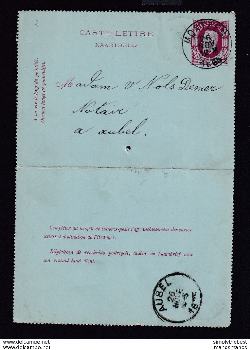 DDAA 429 - CANTONS DE L'EST - Carte-Lettre MONTZEN 1885 Vers La Notaire Nols à AUBEL - Cartes-lettres