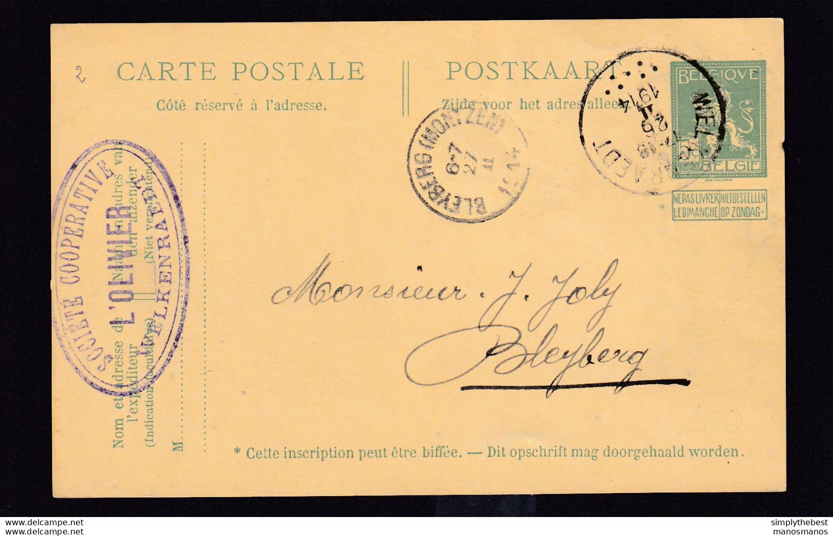DDAA 428 - CANTONS DE L'EST - Entier Postal WELKENRAEDT 1914 Vers BLEYBERG - Cachet Société Coopérative L' Olivier - Postcards 1909-1934