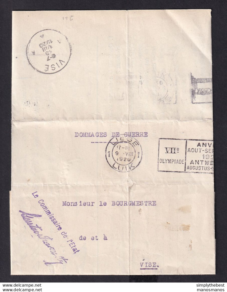 DDZ 906 - Lettre En Franchise Dommages De Guerre LIEGE 1920 Vers VISE - Cachet Administration Communale De VISE - Portofreiheit