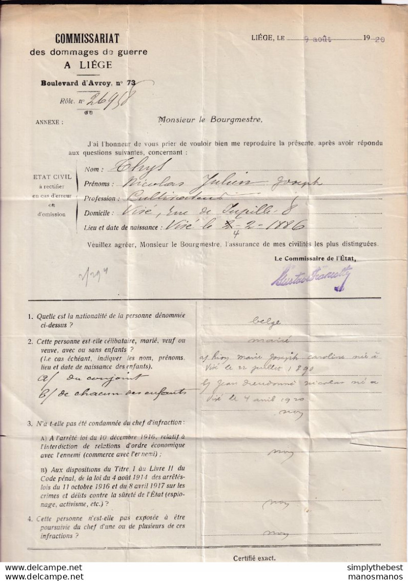 DDZ 906 - Lettre En Franchise Dommages De Guerre LIEGE 1920 Vers VISE - Cachet Administration Communale De VISE - Portofreiheit