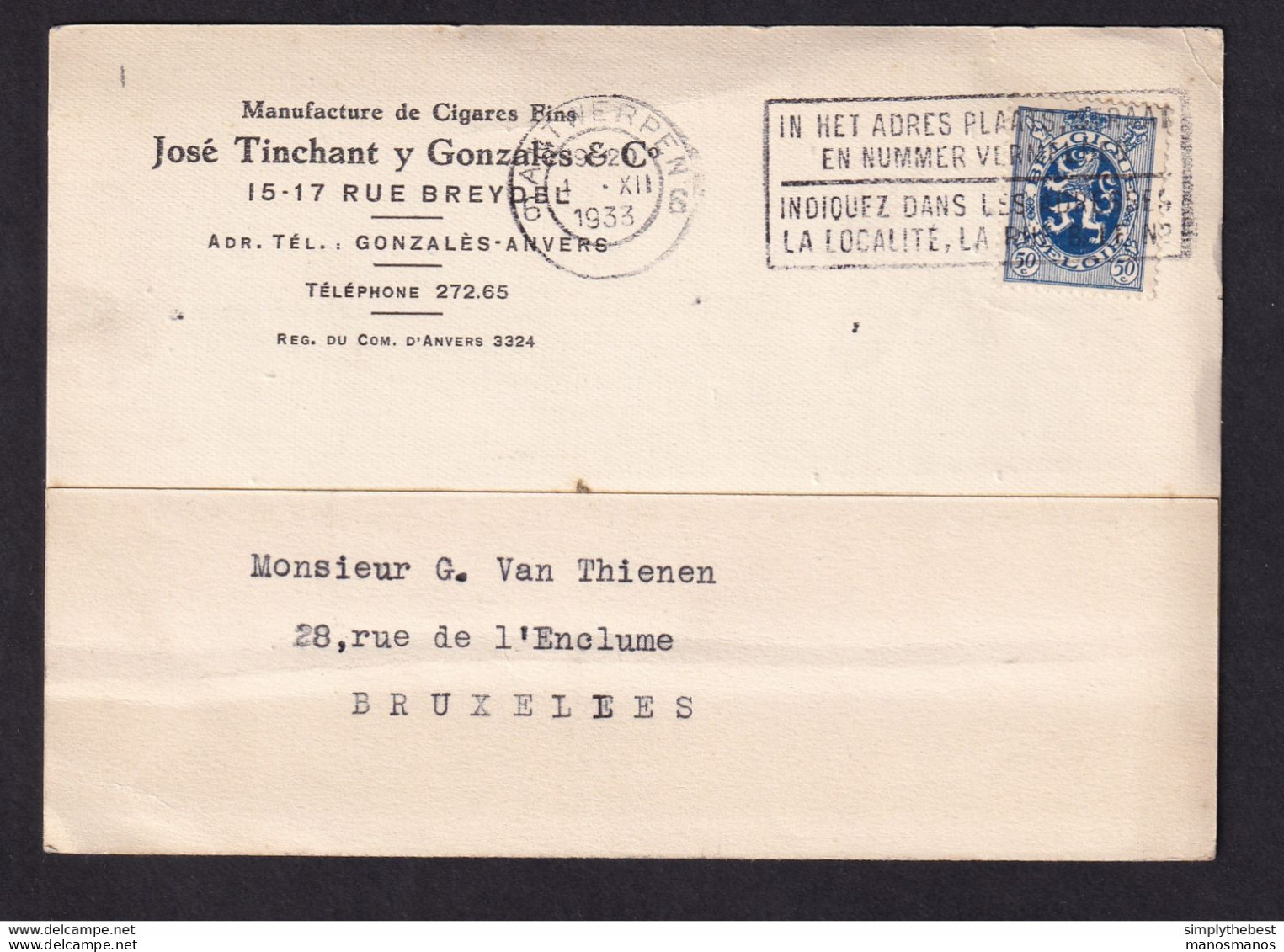 DDZ 587 - Archive Vanthienen (Encadreur à BXL) - Carte TP Héraldique ANTWERPEN 1933 - Cigares Jose Tinchant Y Gonzales - 1929-1937 Heraldieke Leeuw