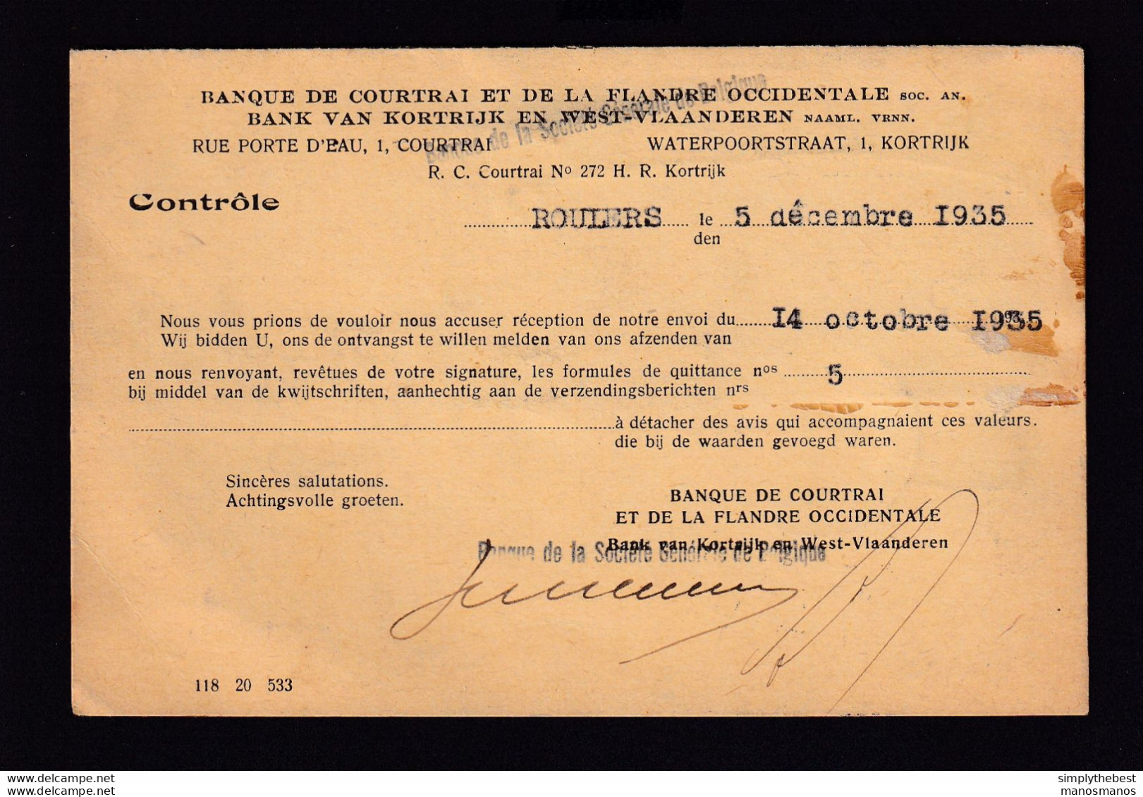 DDZ 592 - Archive Vanthienen (Encadreur à BXL) - Carte TP Mercure ROESELARE 1935 - Banque De Courtrai Et Flandre Occid. - 1932 Cérès Et Mercure