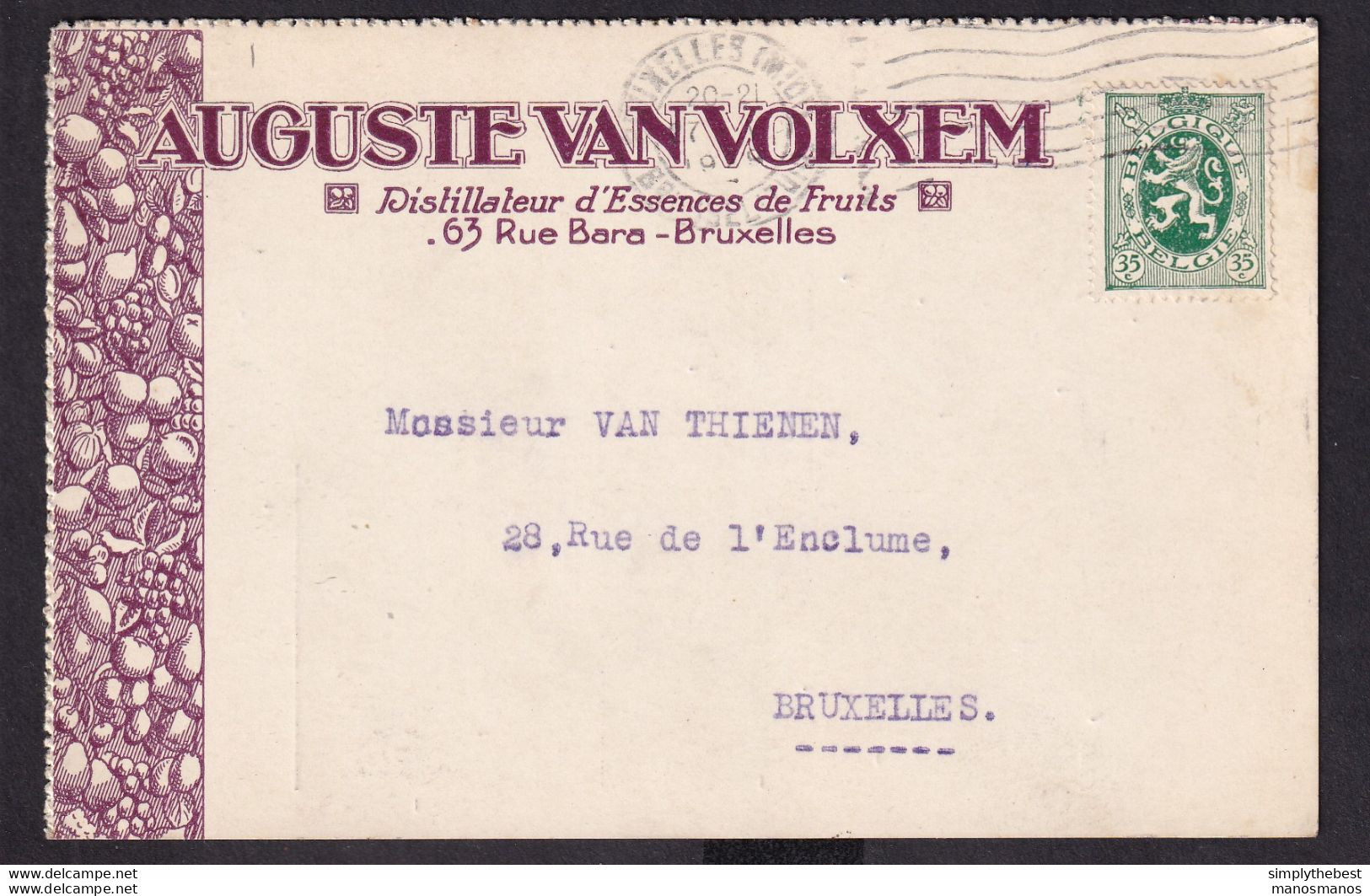 DDZ 582 - Archive Vanthienen (Encadreur à BXL) - Carte TP Lion Héraldique BXL 1929 - Van Volxem , Essences De Fruits - 1929-1937 Heraldischer Löwe