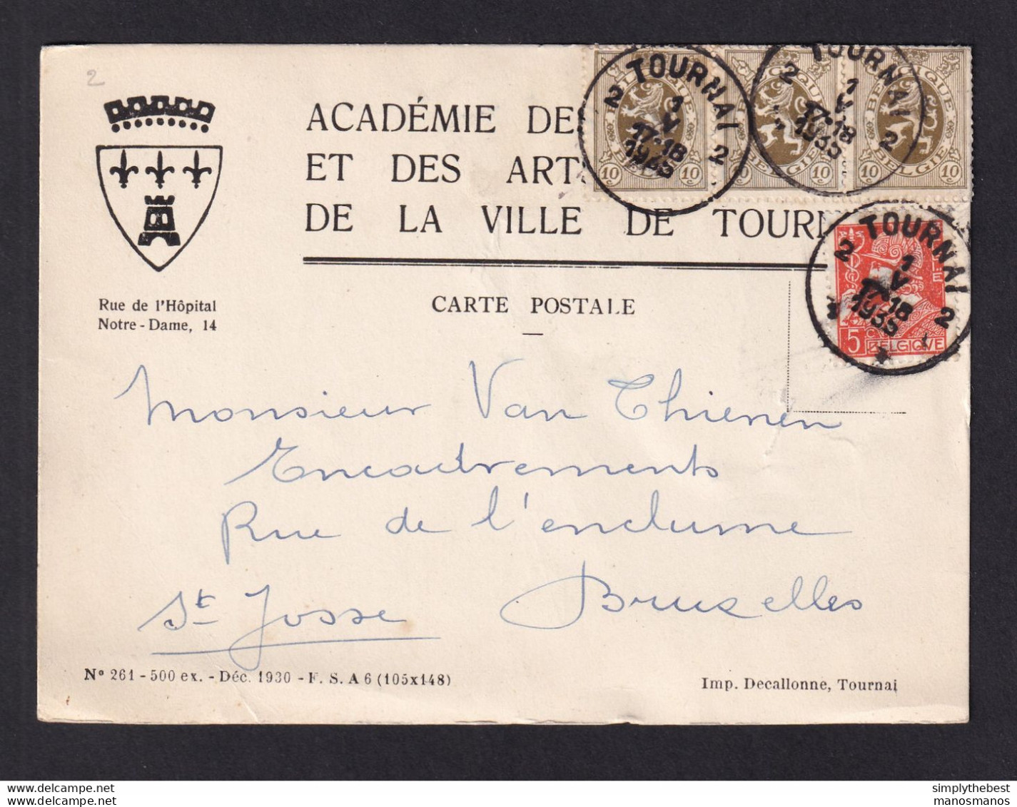 DDZ 591 - Archive Vanthienen (Encadreur à BXL) - Carte TP Héraldique + Mercure TOURNAI 1935 - Académie Des Beaux-Arts - 1929-1937 Heraldischer Löwe