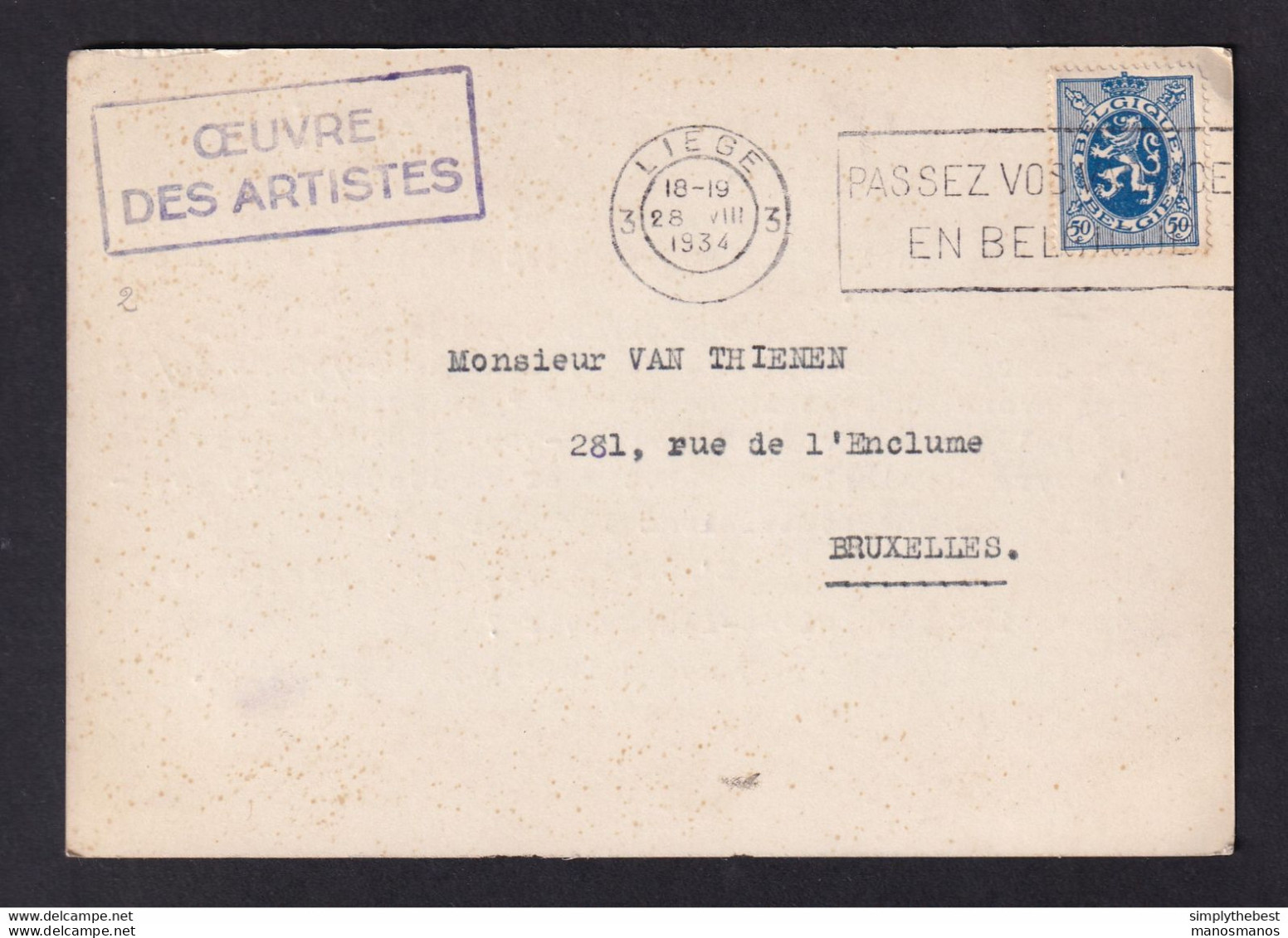 DDZ 588 - Archive Vanthienen (Encadreur à BXL) - Carte Illustrée TP Héraldique LIEGE 1934 - L'Oeuvre Des Artistes - 1929-1937 Heraldischer Löwe