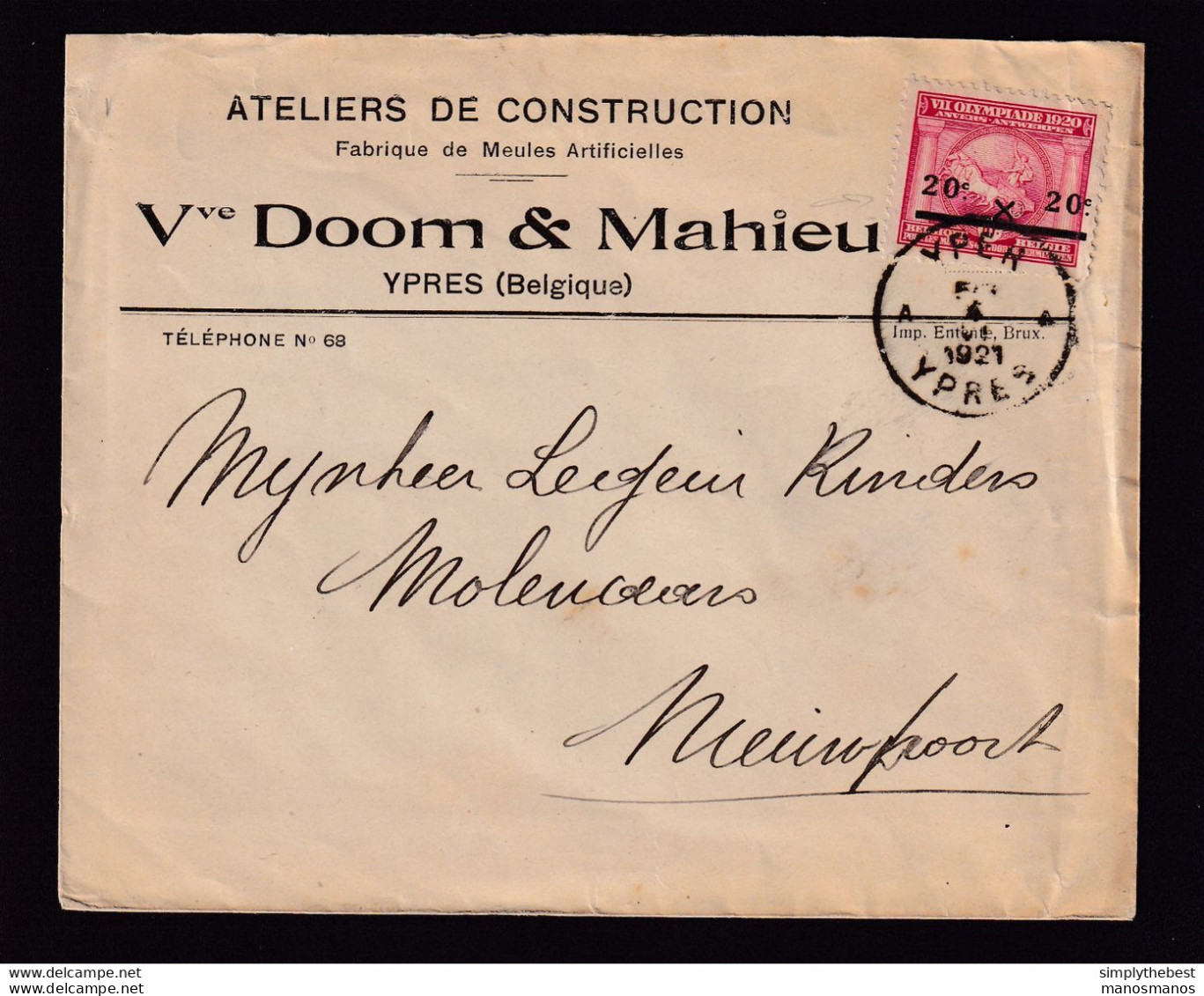 DDCC 101 -- J.O. ANVERS 1920 - Enveloppe TP Jeux Olympiques YPER 1921 - Entete Ateliers De Construction Doom § Mahieu - Sommer 1920: Antwerpen