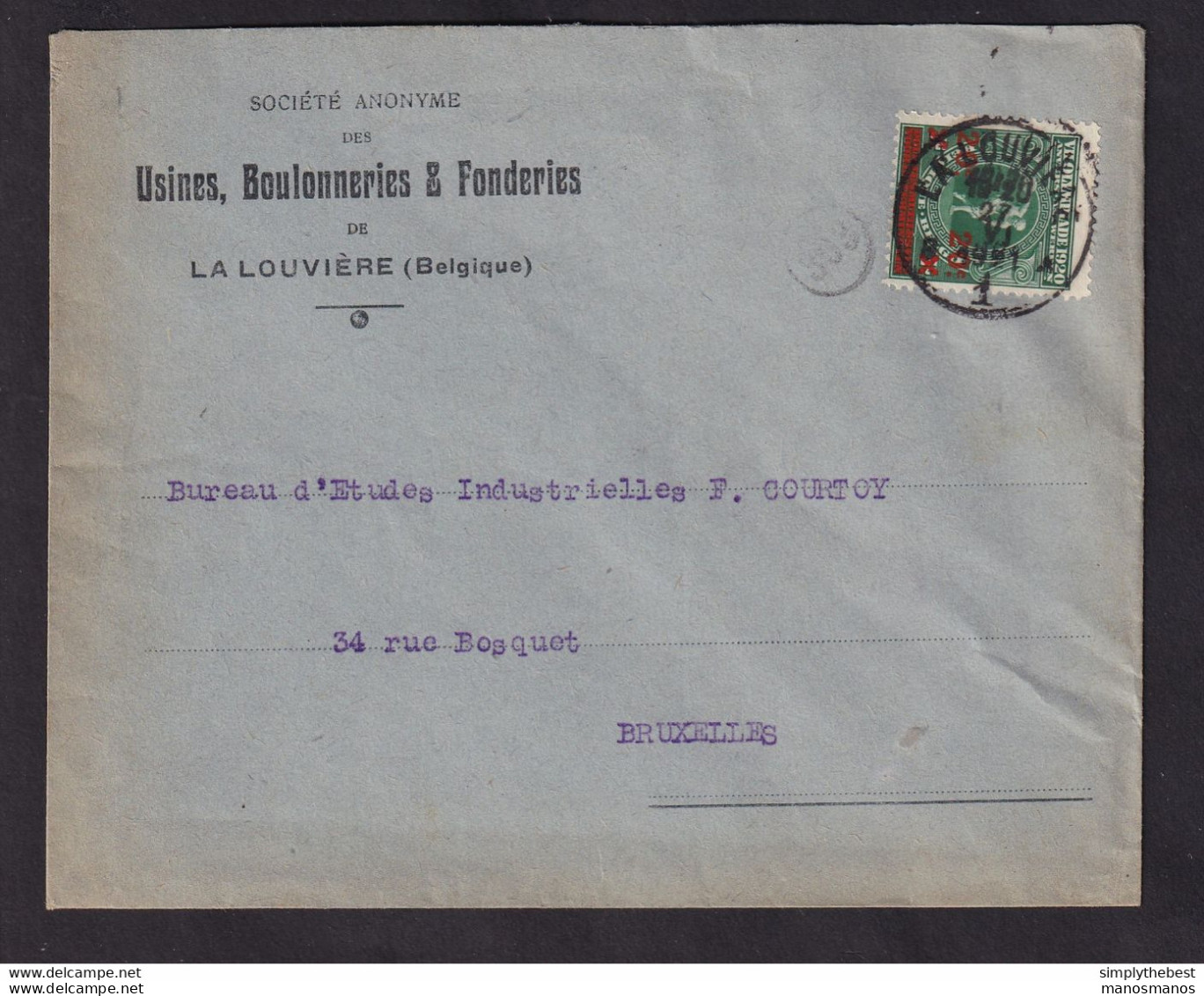 DDCC 099 -- J.O. ANVERS 1920 - Enveloppe TP Jeux Olympiques LA LOUVIERE 1921 Vers BXL - DOUBLE Overprint - Verano 1920: Amberes (Anvers)