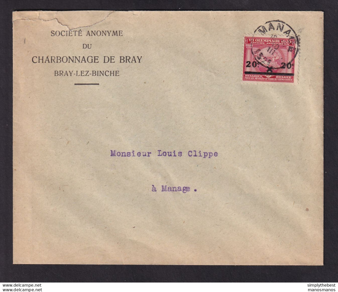 DDCC 100 -- J.O. ANVERS 1920 - Enveloppe TP Jeux Olympiques MANAGE 1921 - Entete S.A.Charbonnage De BRAY (lez BINCHE) - Estate 1920: Anversa