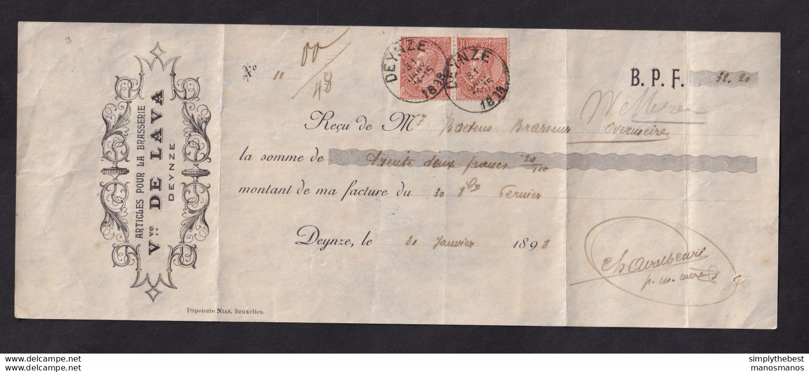 DDBB 967 -- BRASSERIE Belgique - Reçu TP Fine Barbe DEYNZE 1898 - Entete Articles Pour Brasserie , Vve De Lava - Bier