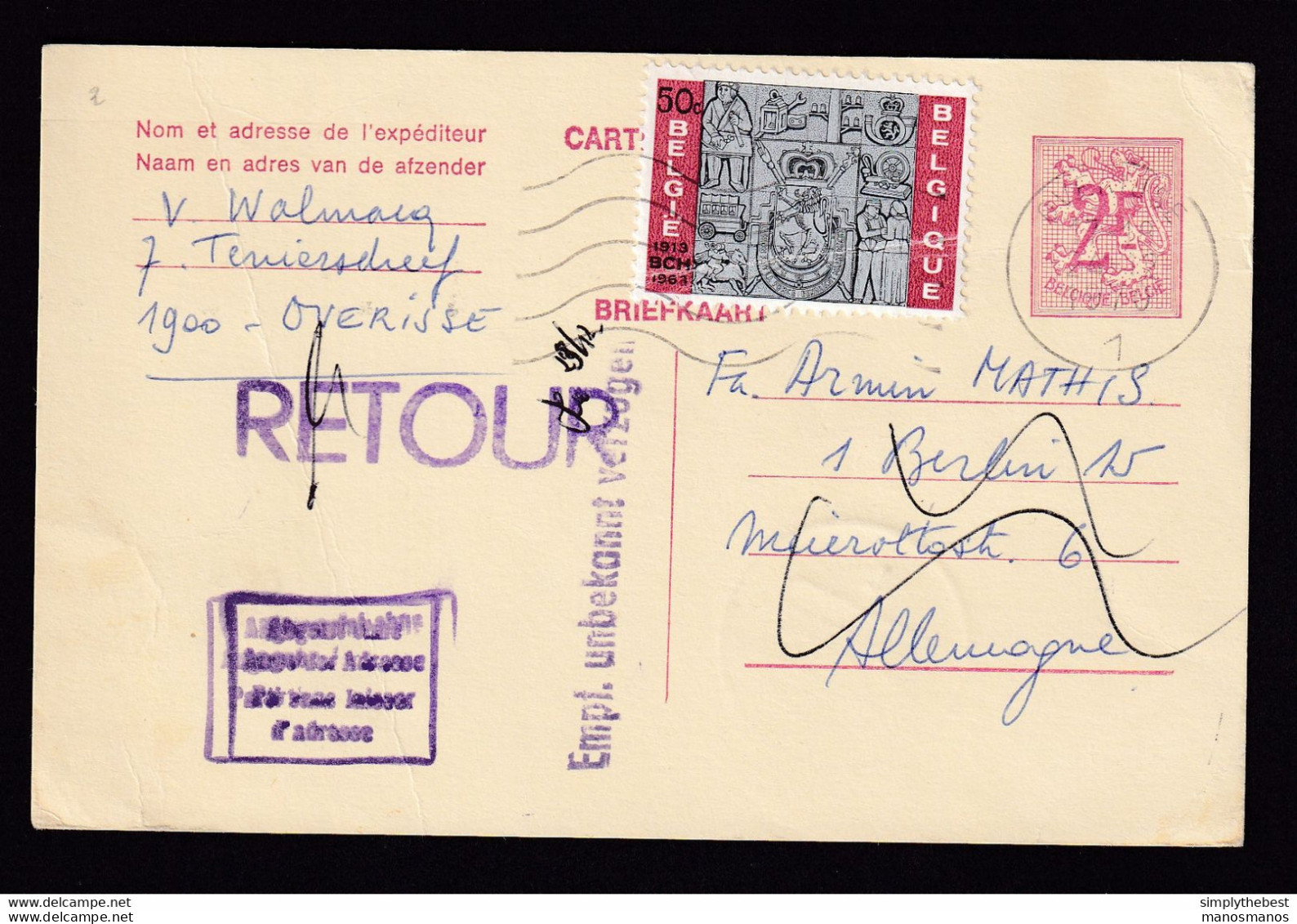 DDBB 966 -- Collection OVERIJSE - Entier Postal Lion Héraldique OVERIJSE 1970 Vers BERLIN - Cachets Parti Et RETOUR - Postkarten 1951-..