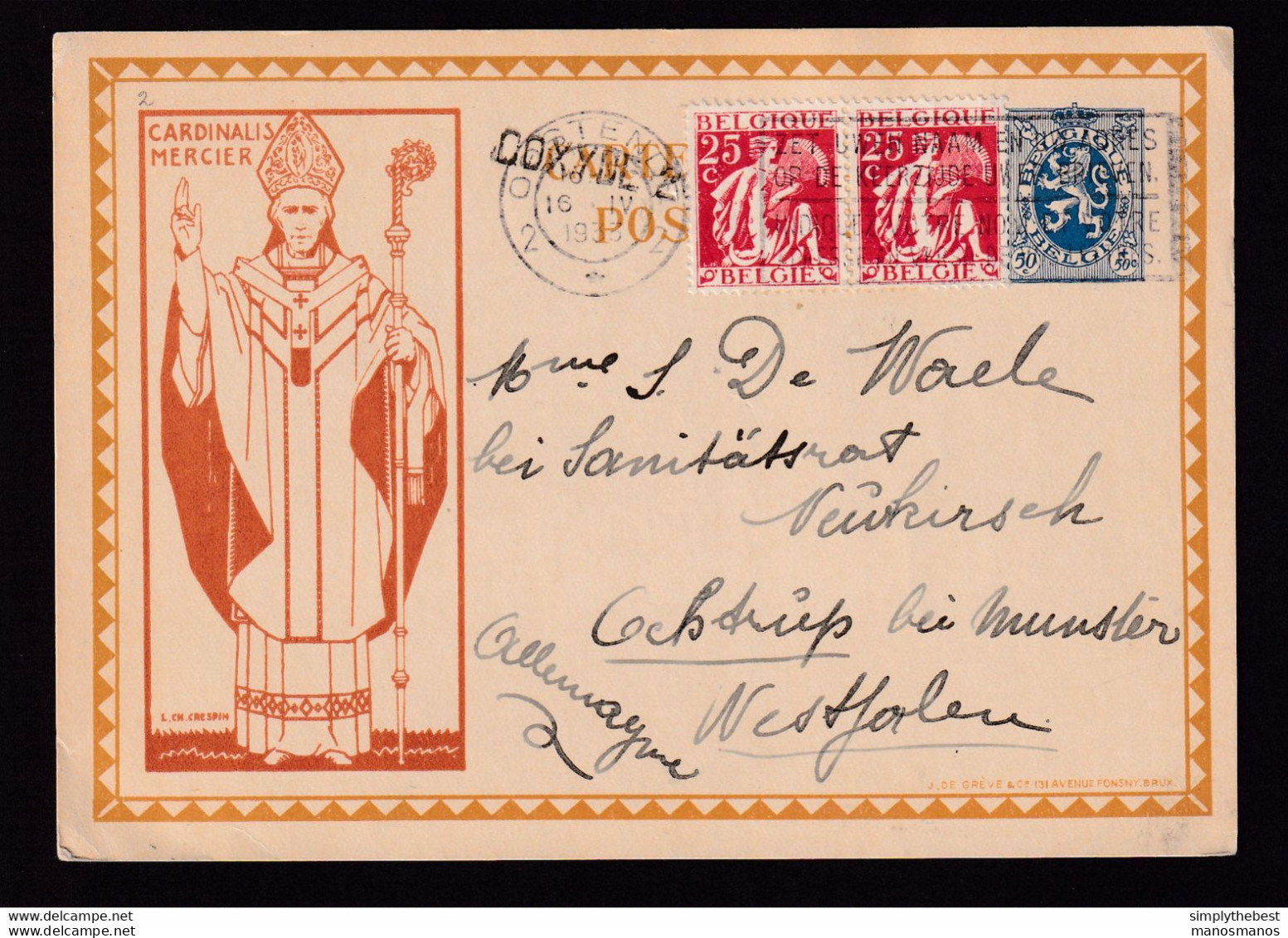DDBB 627 -- Carte Illustrée Mercier + TP Cérès OOSTENDE 1933 Vers Allemagne - Griffe D' Origine COXYDE 2 - Cartes Postales Illustrées (1971-2014) [BK]