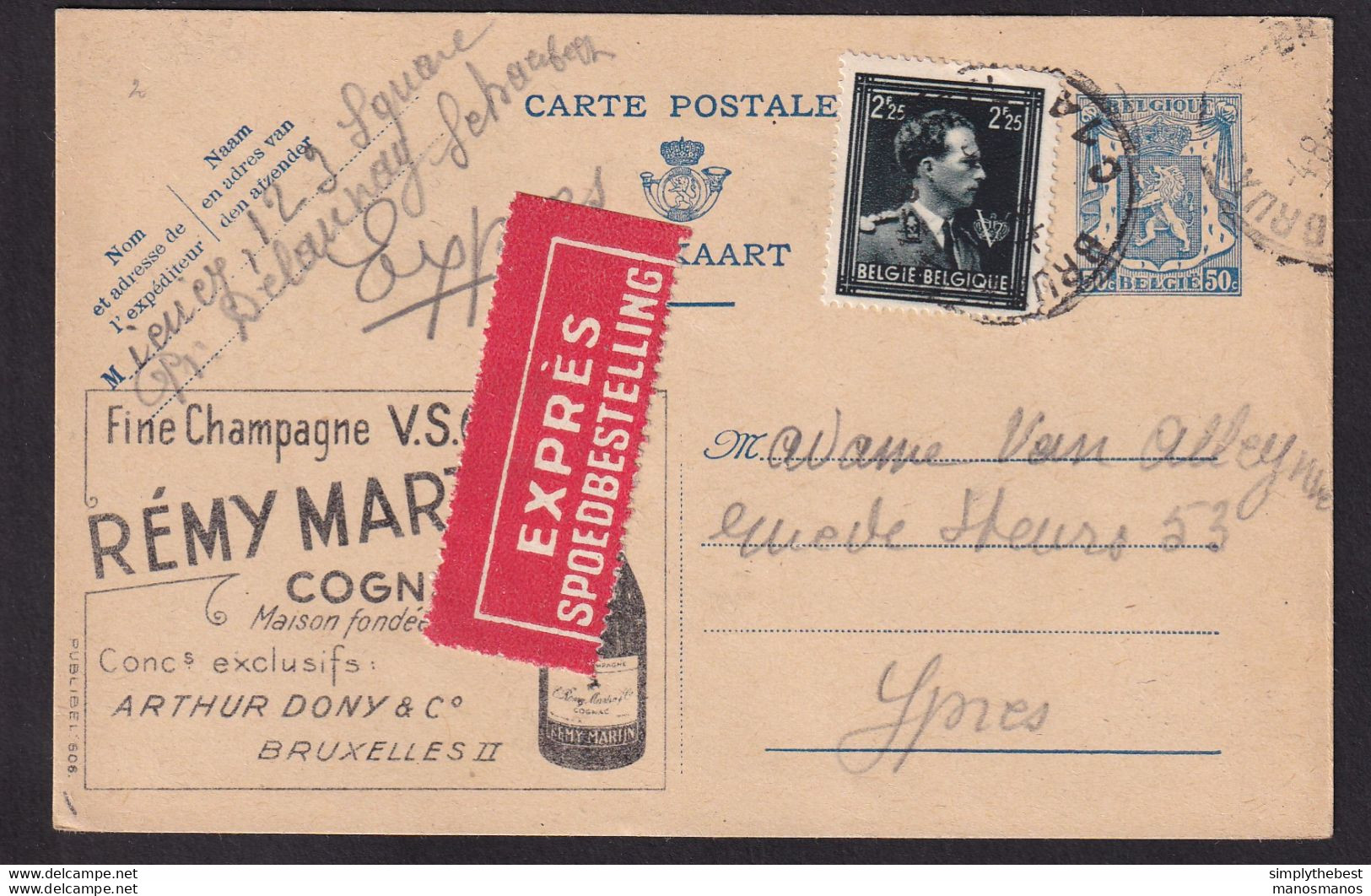 DDBB 626 -- Carte Publibel 606 Par EXPRES - Bruxelles 1945 Vers YPRES - Cognac Remy Martin - Publibels