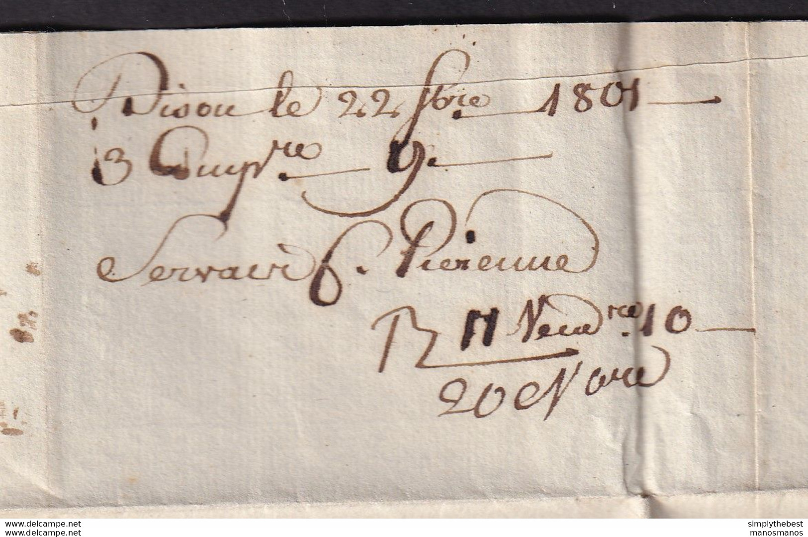 DDBB 619 -- Lettre Précurseur 96 VERVIERS 1801 Vers COLMAR - Origine Manuscrite DISON - Port Encre 7 Décimes - 1794-1814 (Période Française)