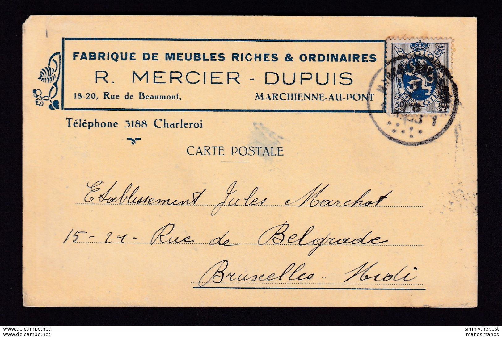 DDBB 160 - Carte Privée TP Lion Héraldique MARCHIENNE AU PONT 1933 - Entete Fabrique De Meubles Mercier-Dupuis - 1929-1937 Heraldieke Leeuw