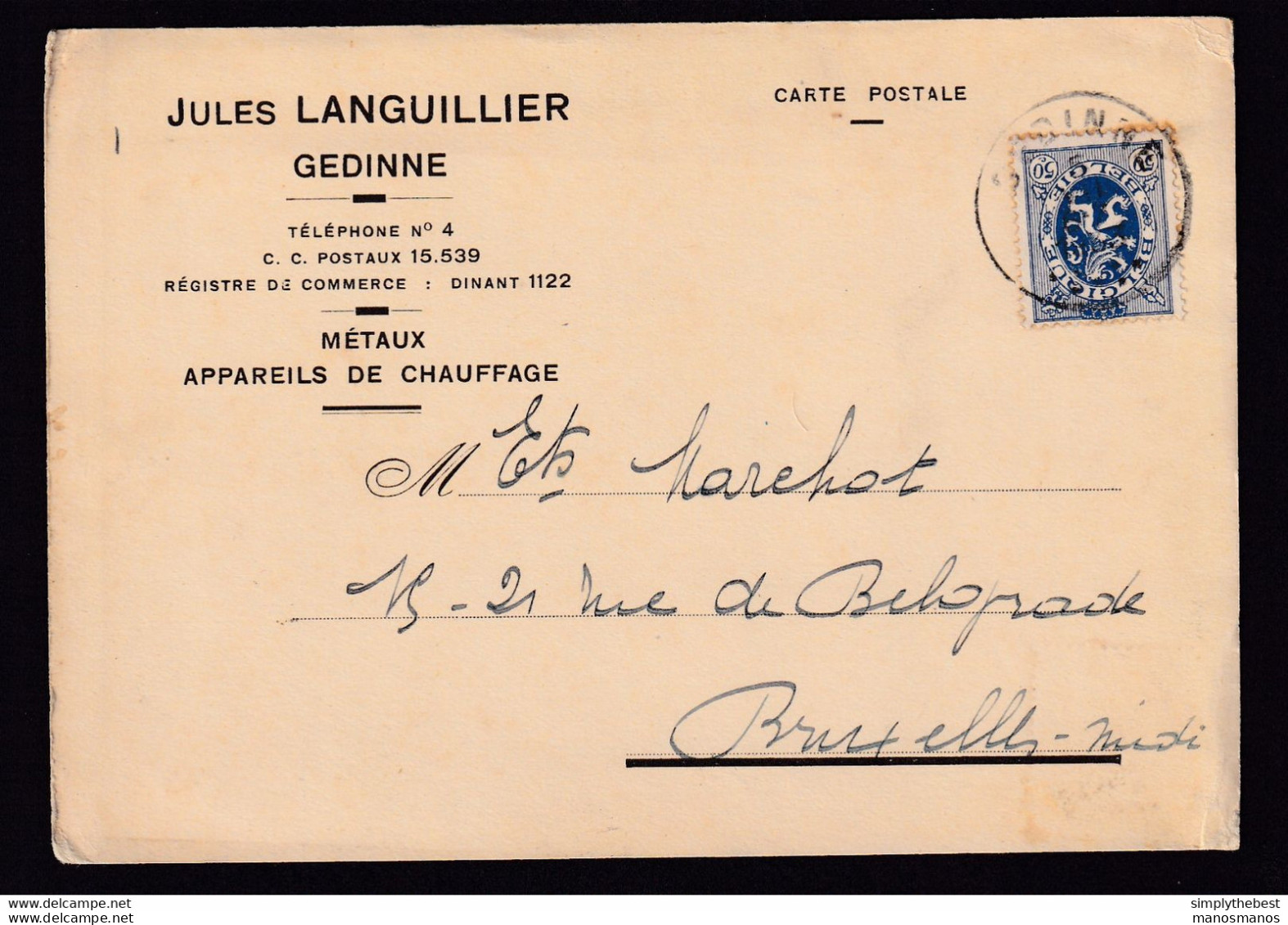 DDBB 166 - Carte Privée TP Lion Héraldique GEDINNE 1933 - Entete Jules Languillier , Métaux , Appareils De Chauffage - 1929-1937 Heraldieke Leeuw