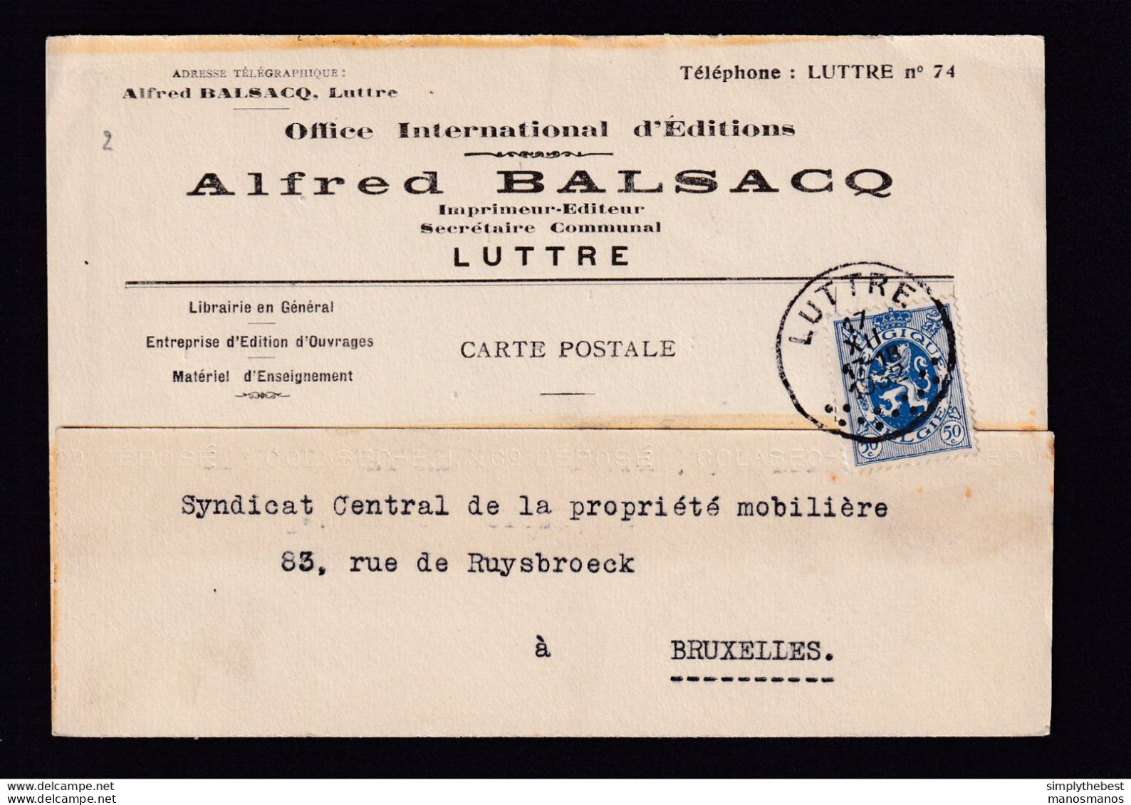 DDBB 167 - Carte Privée TP Lion Héraldique LUTTRE 1932 - Entete Imprimeur, Editions Alfred Balsacq - Secrétaire Communal - 1929-1937 Heraldieke Leeuw