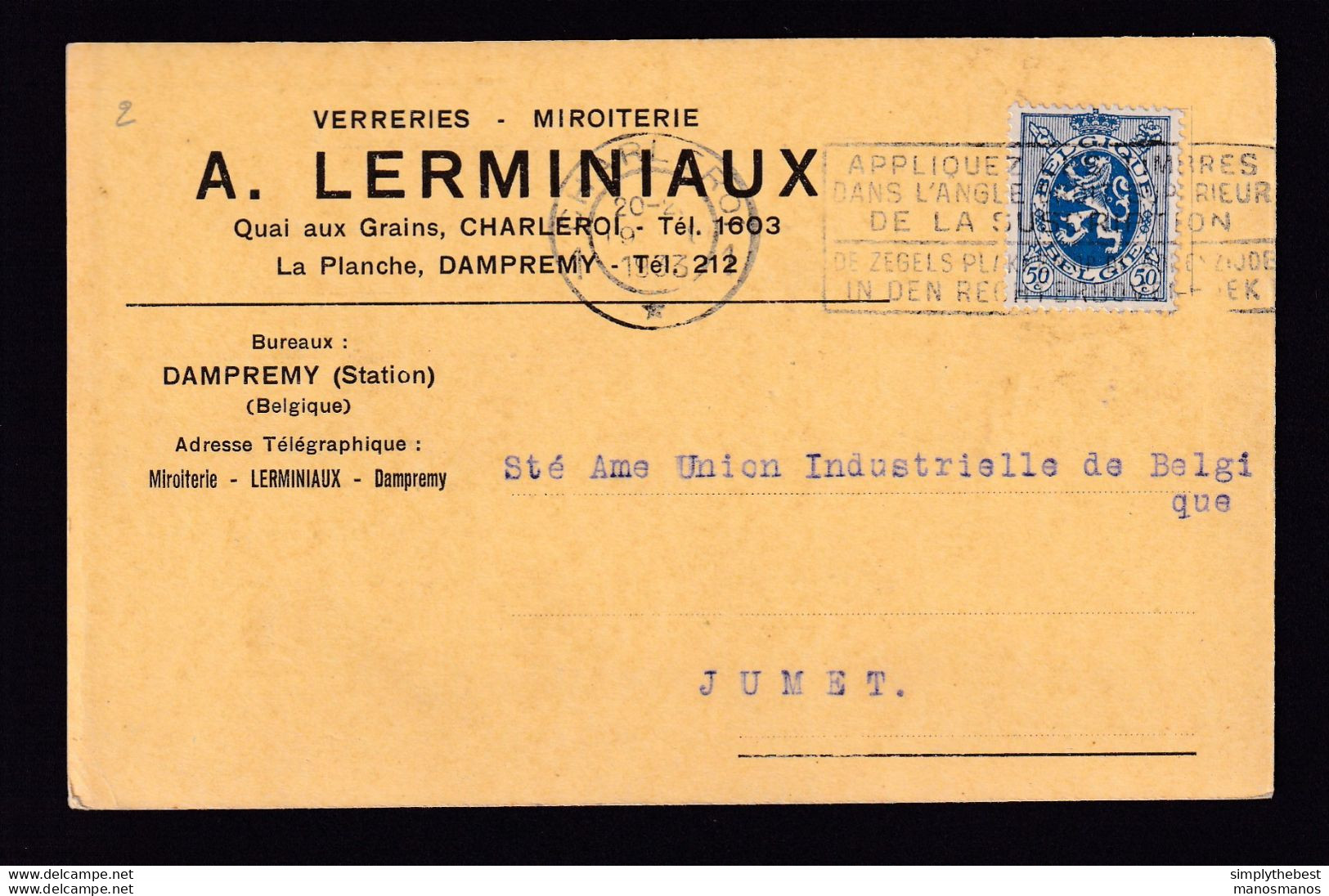 DDBB 163 - Carte Privée TP Lion Héraldique CHARLEROI 1933 Vers JUMET - Entete Verreries-Miroiterie Lerminiaux à DAMPREMY - 1929-1937 Lion Héraldique