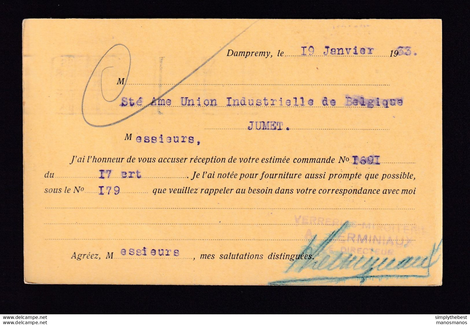 DDBB 163 - Carte Privée TP Lion Héraldique CHARLEROI 1933 Vers JUMET - Entete Verreries-Miroiterie Lerminiaux à DAMPREMY - 1929-1937 Leone Araldico