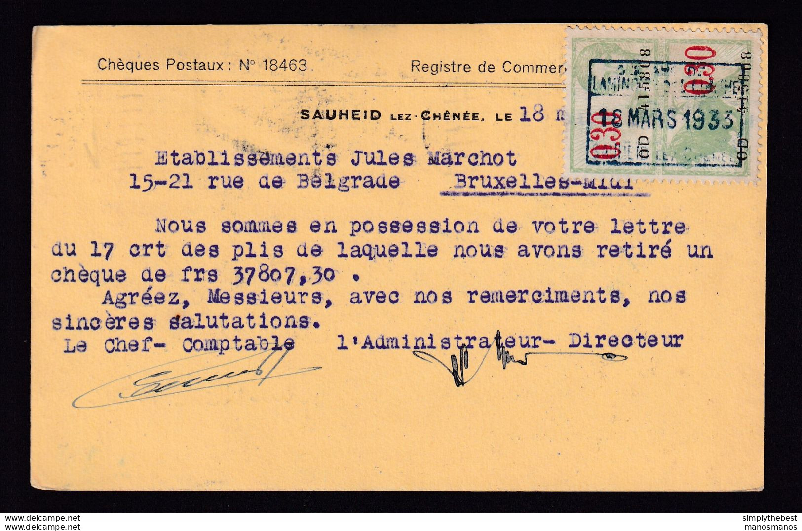 DDBB 157 - Carte Privée TP Lion Héraldique LIEGE 1933 - Verso Timbre Fiscal -Laminoirs De L' Ourthe à SAUHEID Lez CHENEE - Documenti