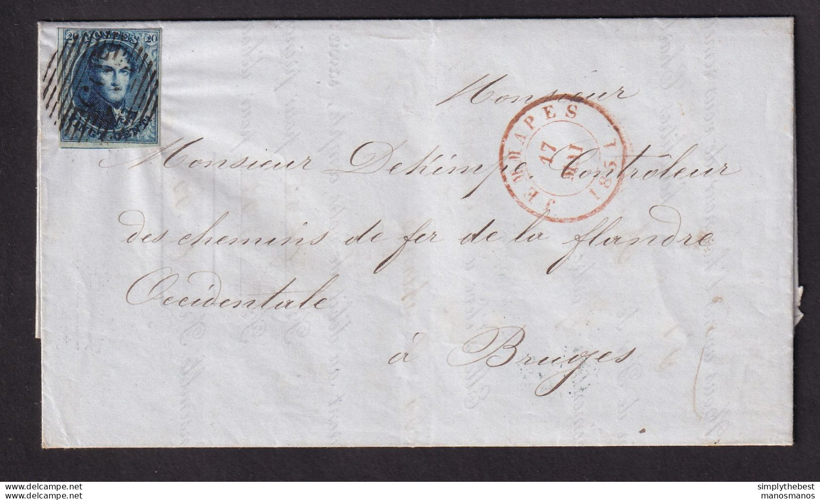 DDEE 681 -- Lettre TP 4 Médaillon JEMMAPPES 1851 Vers BRUGES - Entete Charbonnage De La Cossette à QUAREGNON - 1849-1850 Medallions (3/5)