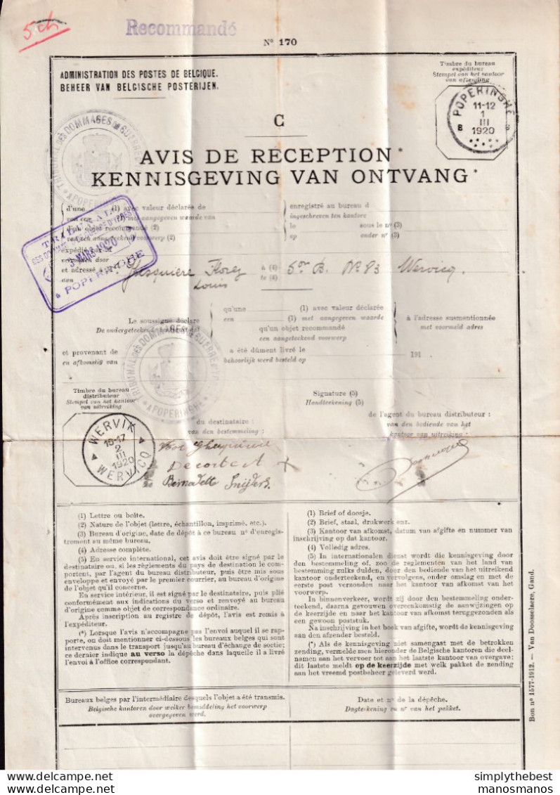 DDEE 521 -- Documents De La Poste - No 170 AVIS De RECEPTION Complet POPERINGHE 1920 Vers WERVIK WERVICQ Et Retour - Zonder Portkosten