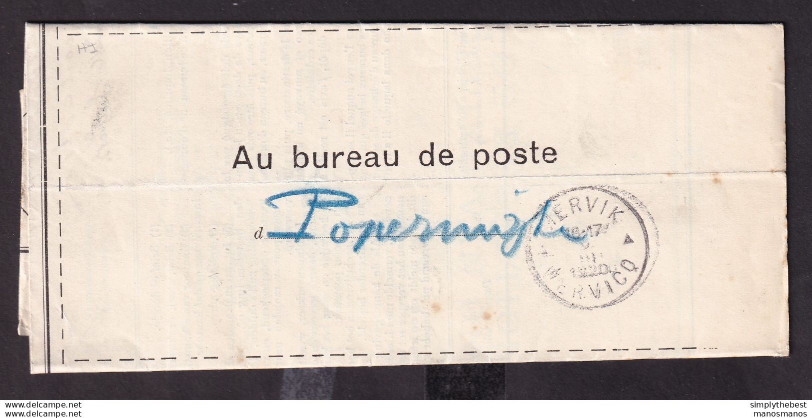 DDEE 521 -- Documents De La Poste - No 170 AVIS De RECEPTION Complet POPERINGHE 1920 Vers WERVIK WERVICQ Et Retour - Franchise