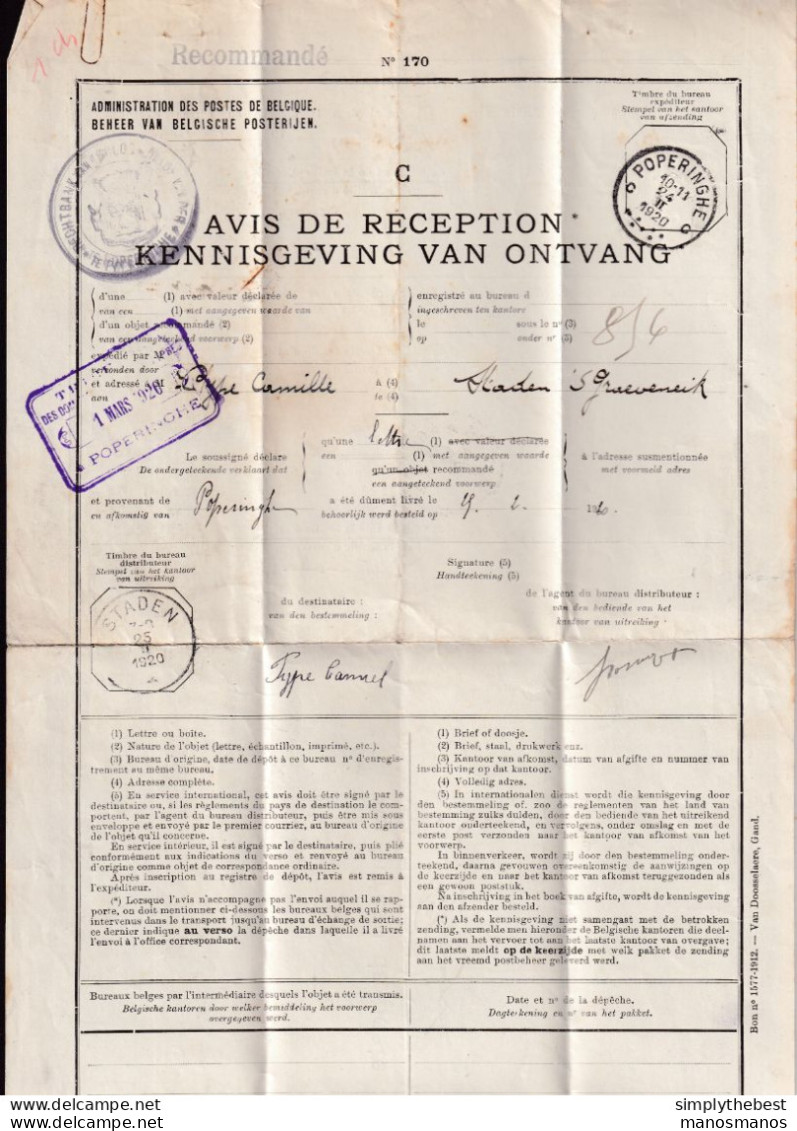 DDEE 520 -- Documents De La Poste - No 170 AVIS De RECEPTION Complet POPERINGHE 1920 Vers STADEN Et Retour - Portofreiheit