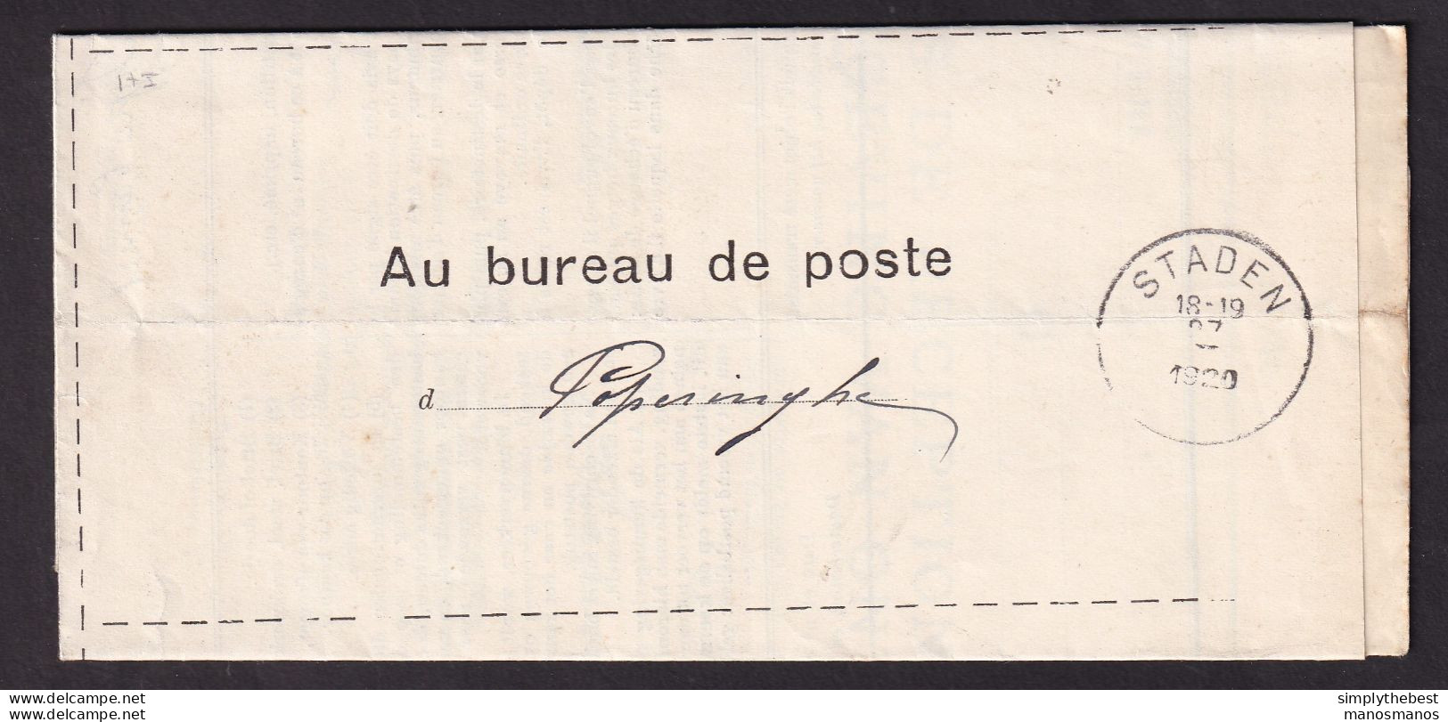 DDEE 520 -- Documents De La Poste - No 170 AVIS De RECEPTION Complet POPERINGHE 1920 Vers STADEN Et Retour - Franchise