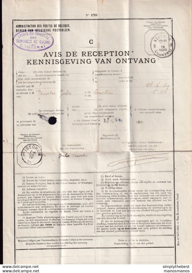 DDEE 513 -- Documents De La Poste - No 170 AVIS De RECEPTION Complet COURTRAI 1920 Vers ISEGHEM Et Retour - Portofreiheit