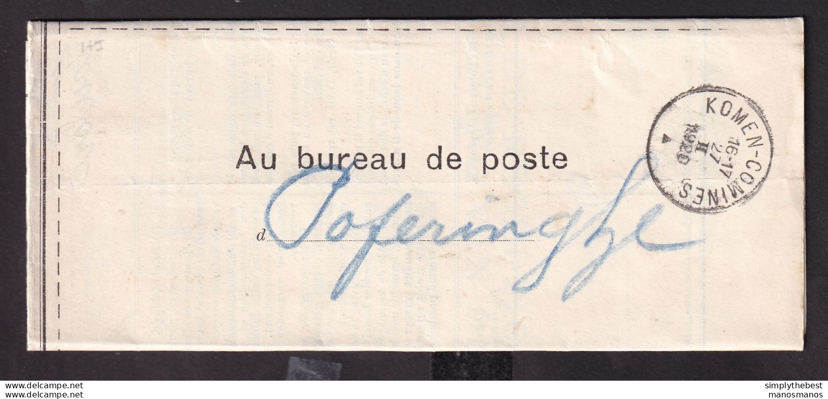 DDEE 518 -- Documents De La Poste - No 170 AVIS De RECEPTION Complet POPERINGHE 1920 Vers KOMEN-COMINES Et Retour - Franchise