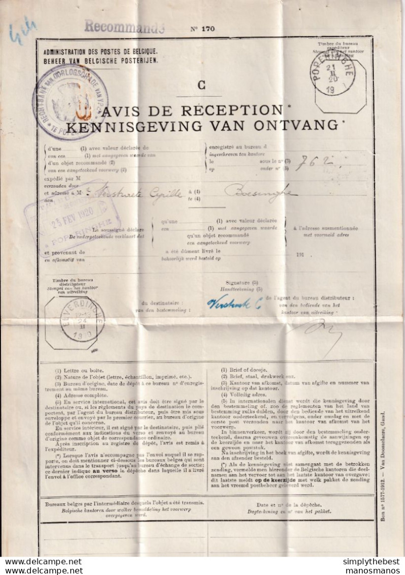 DDEE 514 -- Documents De La Poste - No 170 AVIS De RECEPTION Complet POPERINGHE 1920 Vers ELVERDINGHE Et Retour - Franchise