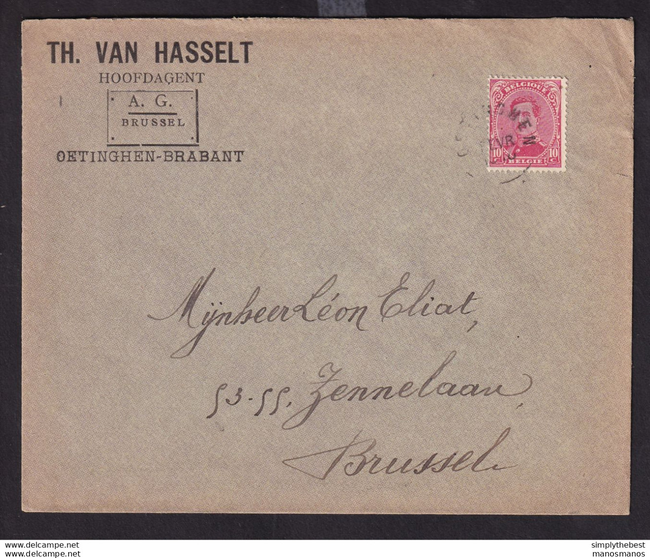 38/090 - FORTUNE 1919 - Enveloppe TP Albert Cachet Electoral OETINGHEN (Brabant) - Entete Van Hasselt , Verzekeringen - Noodstempels (1919)