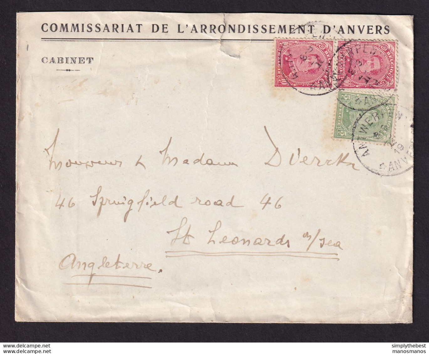 38/089 - FORTUNE 1919 - Enveloppe TP Albert Cachet Etoiles Agence Grattée ANTWERPEN 1919 Vers UK - Foruna (1919)