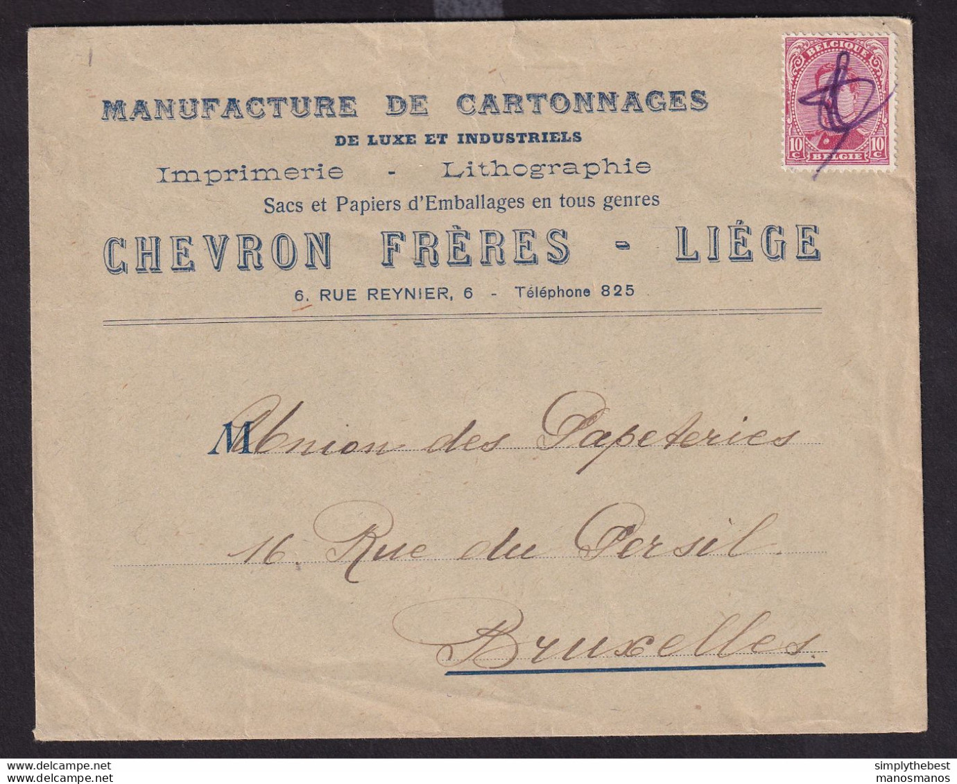 38/084 - FORTUNE 1919 - Enveloppe TP Albert Annulation Paraphe Au Crayon - Entete Cartonnages Chevron à LIEGE - Fortune Cancels (1919)