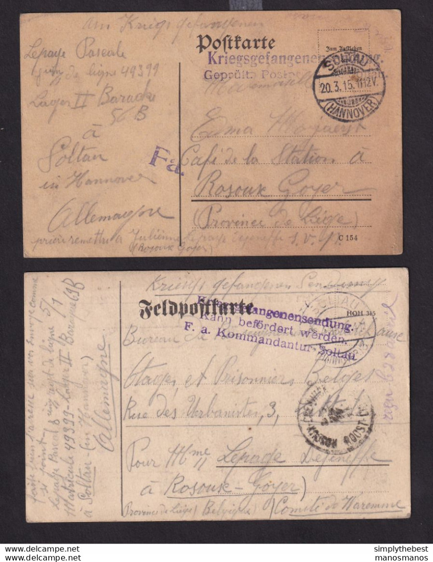 DDCC 951 - Correspondance De 69 Documents D'un Prisonnier Belge à SOLTAU - Mars 1915 à Aout 1918 , Vers ROSOUX GOYER - Prisonniers