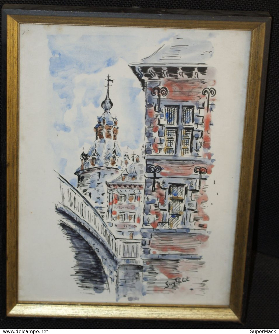 Guy Petit (° Namur 1932) - Aquarelle Encadrée Et Vitrée 26 X 20 Cm - Beffroi De Namur - Watercolours