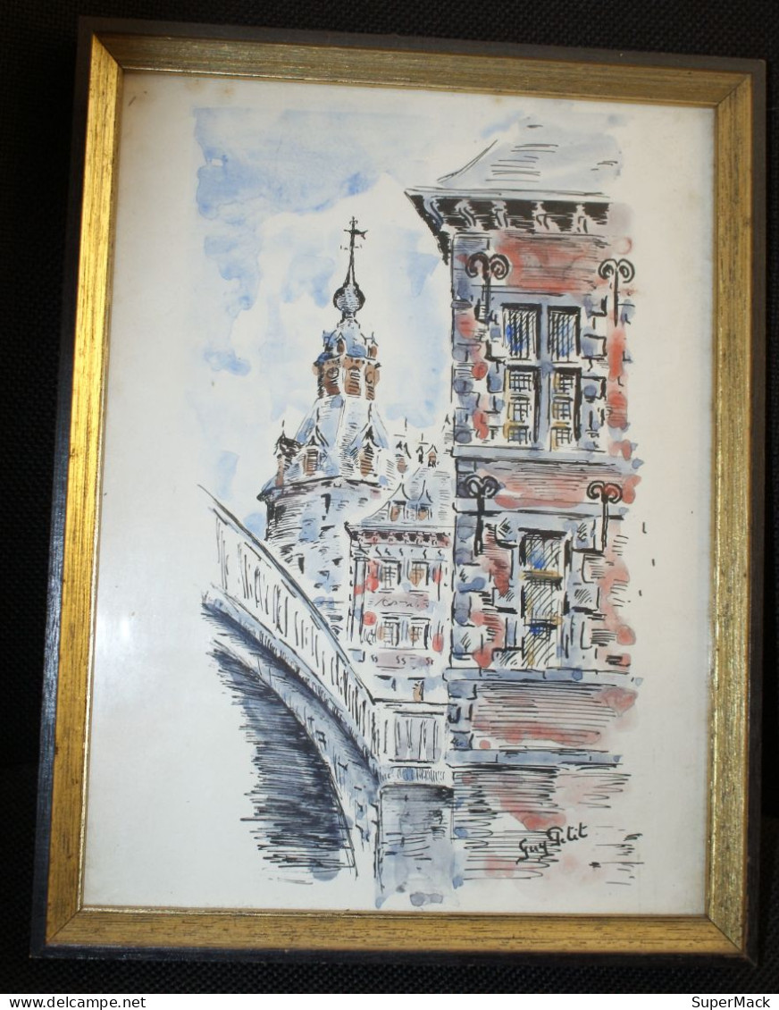 Guy Petit (° Namur 1932) - Aquarelle Encadrée Et Vitrée 26 X 20 Cm - Beffroi De Namur - Wasserfarben