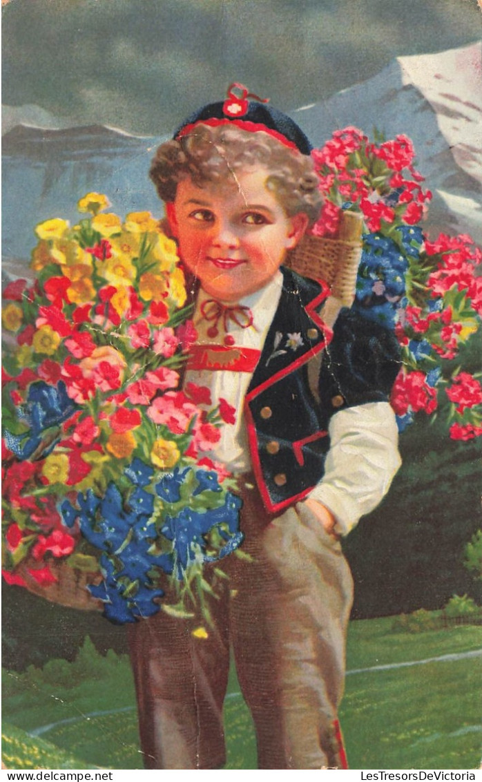 ENFANTS - Dessins D'enfants - Petit Garçon Avec Des Fleurs - Colorisé - Carte Postale Ancienne - Children's Drawings