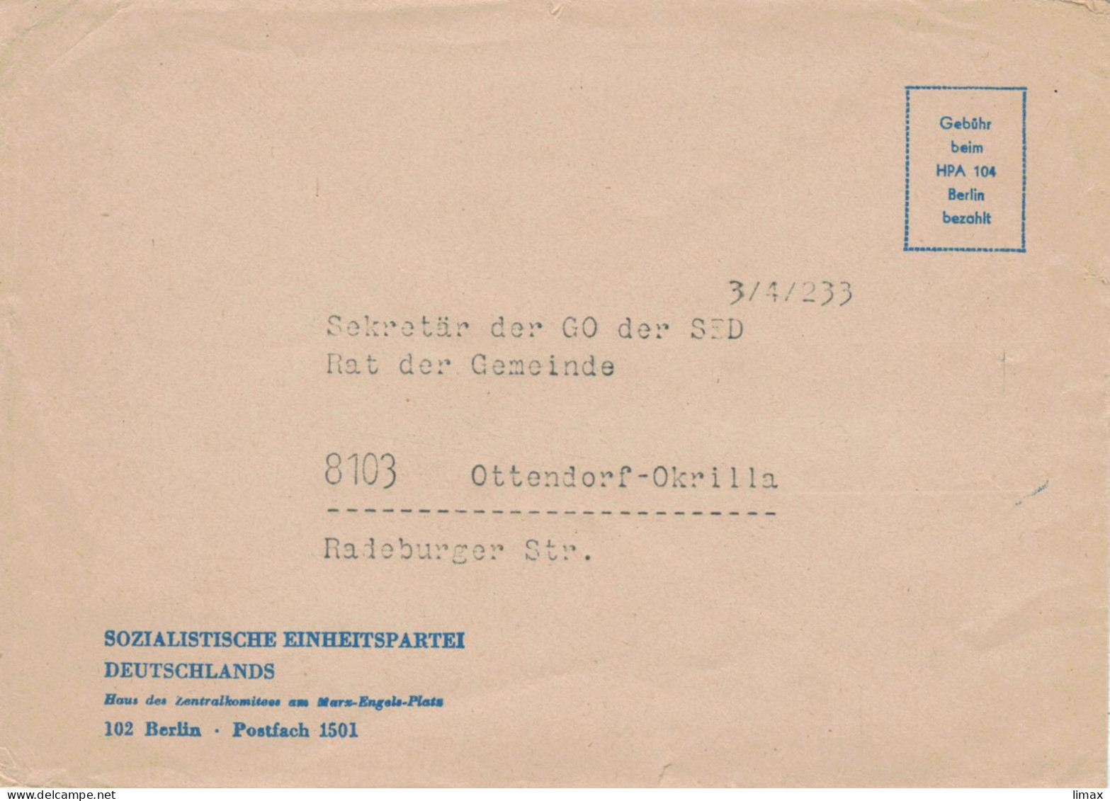 Ganzsache HPA 104 - SED Berlin > Sekretär Grundorganisation Der SED 8103 Ottendorf-Okrilla Vgl Reichste Partei Europas - Enveloppes - Oblitérées