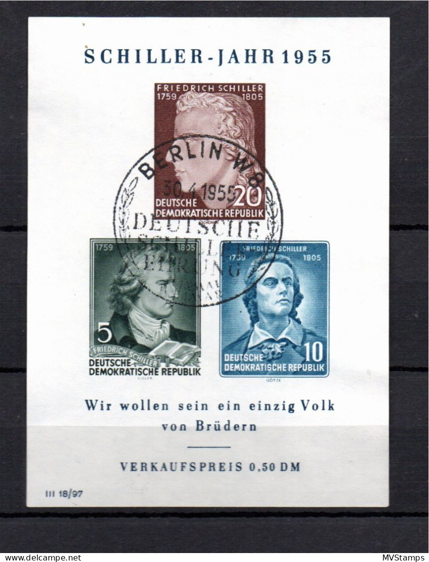 East Germany (DDR) 1955 Sheet Schiller Stamps (Michel Block 12) Nice Used - 1950-1970