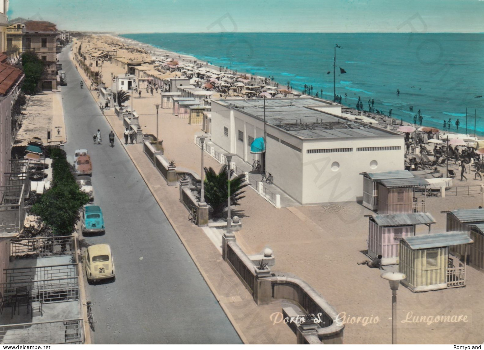 CARTOLINA  PORTO S.GIORGIO,FERMO,MARCHE-LUNGOMARE-SOLE,MARE,ESTATE,VACANZA,BARCHE A VELA,BOLLO STACCATO,VIAGGIATA 1960 - Fermo