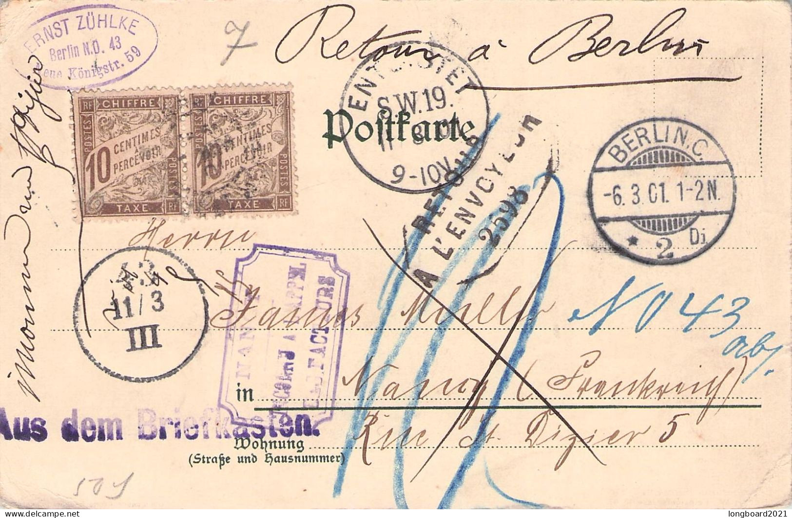 FRANCE - POSTKARTE 1901 BERLIN - NANCY / 1295 - Cartas & Documentos