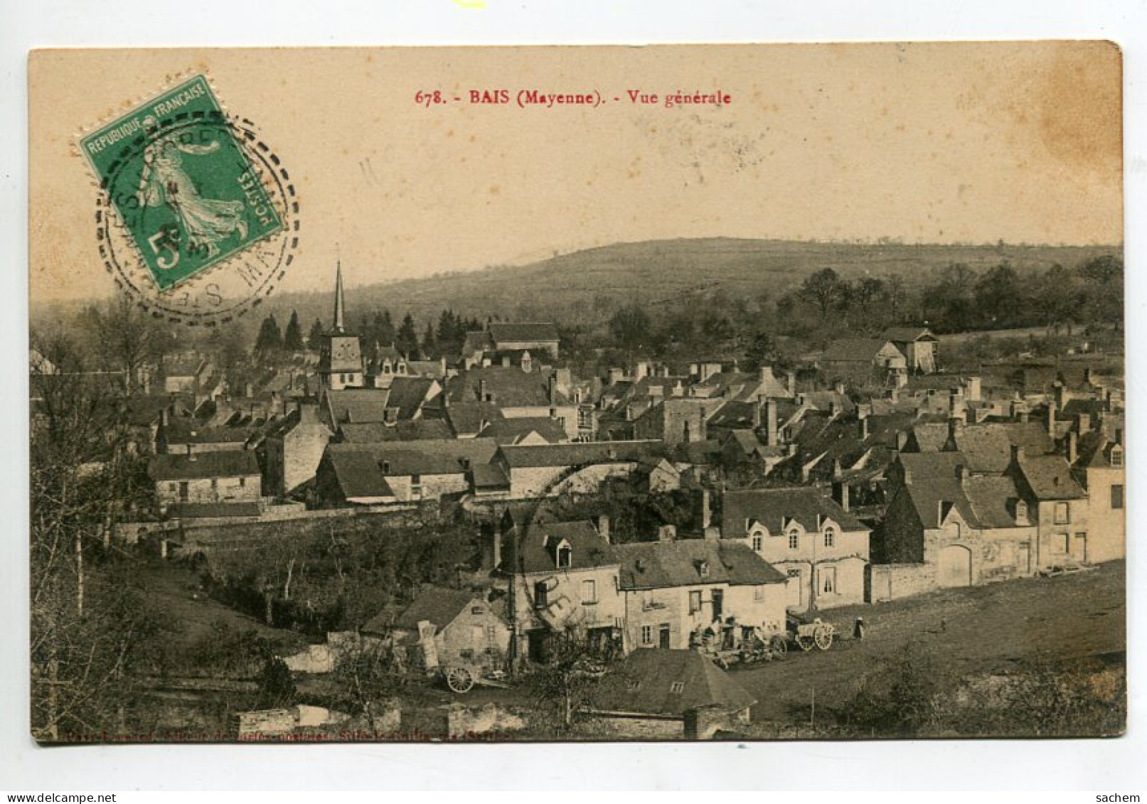 53 BAIS Vue Du Village Maisons Et Eglise 1911 Timb Cachet BM Boite Mobile    D19 2023 - Bais