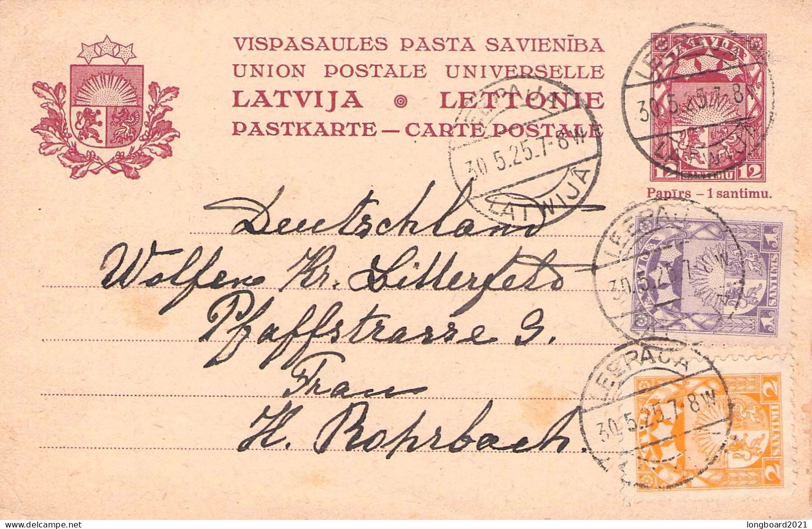 LATVIA - CARTE POSTALE Uprated 1925 LIEPAJA - Krs BITTERFELD Mi P2 / 1298 - Letland