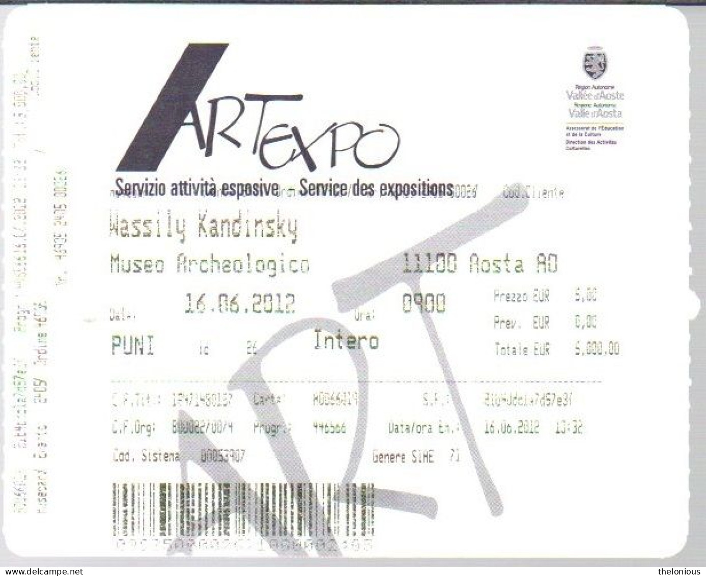 # Tiket - WASSILY KANDINSKY - Museo Archeologico Di Aosta, 2012 - Tickets D'entrée