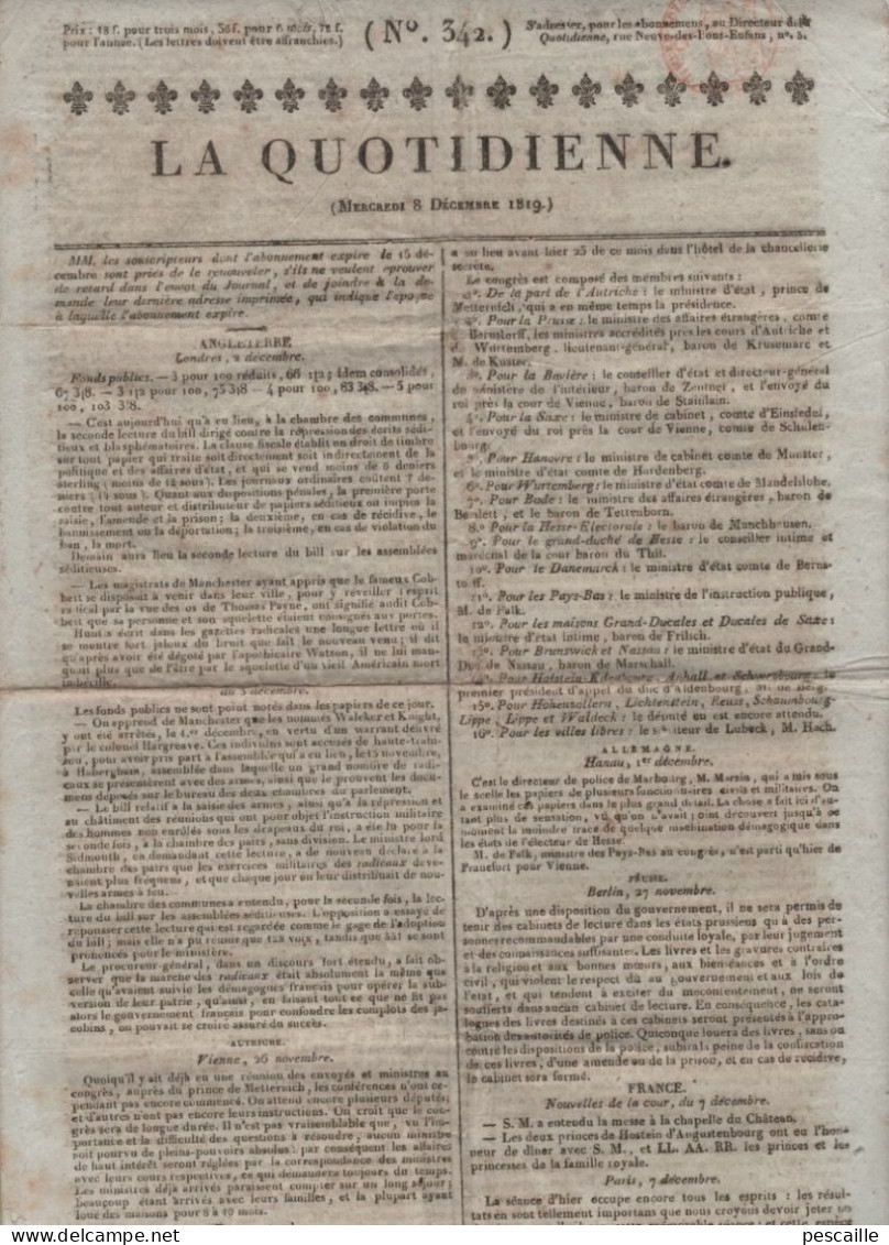 LA QUOTIDIENNE 08 12 1819 - ANGLETERRE MANCHESTER - VIENNE - ABBE GREGOIRE REGICIDE ELU - BORDEAUX - PARIS TIVOLI BAINS - 1800 - 1849