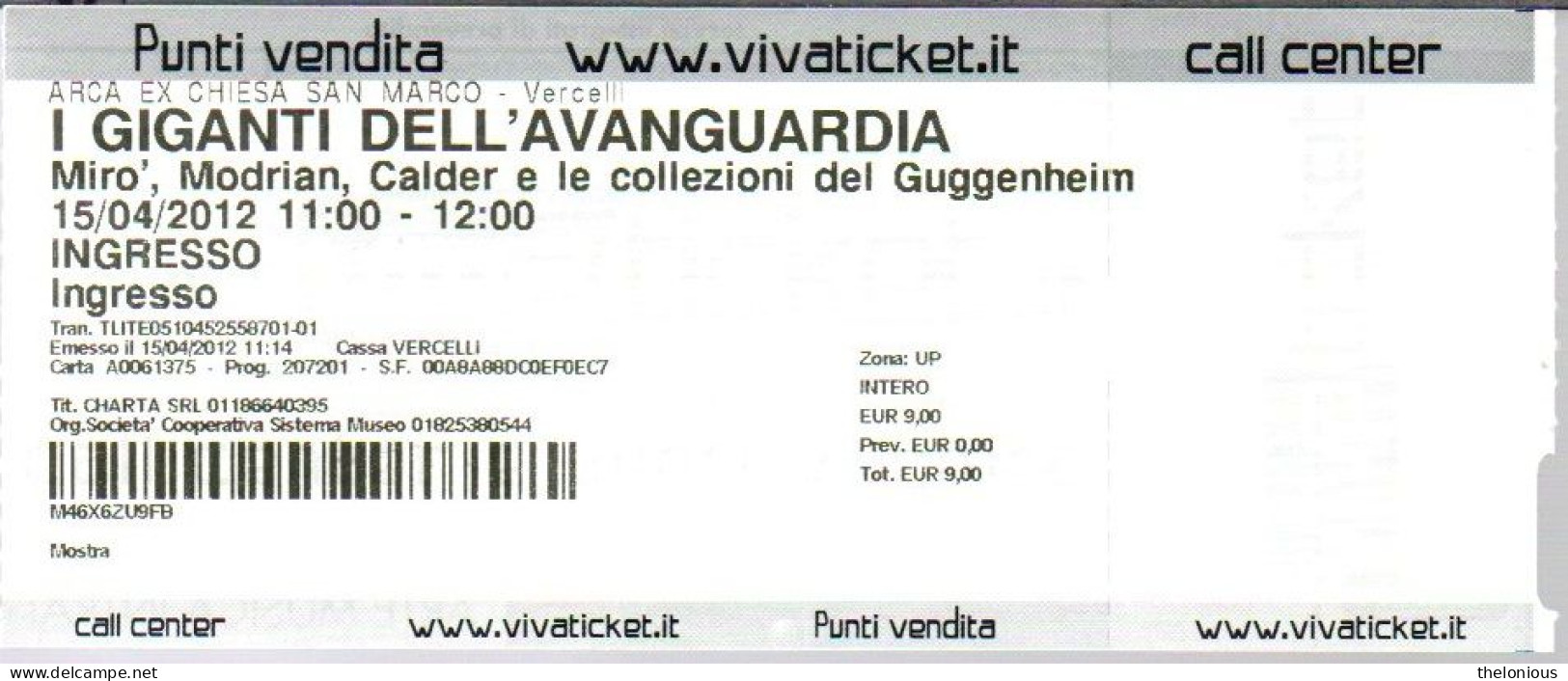 Tiket - MIRO', MODRIAN, CALDER Ecc. Vercelli, 2012 - Tickets D'entrée