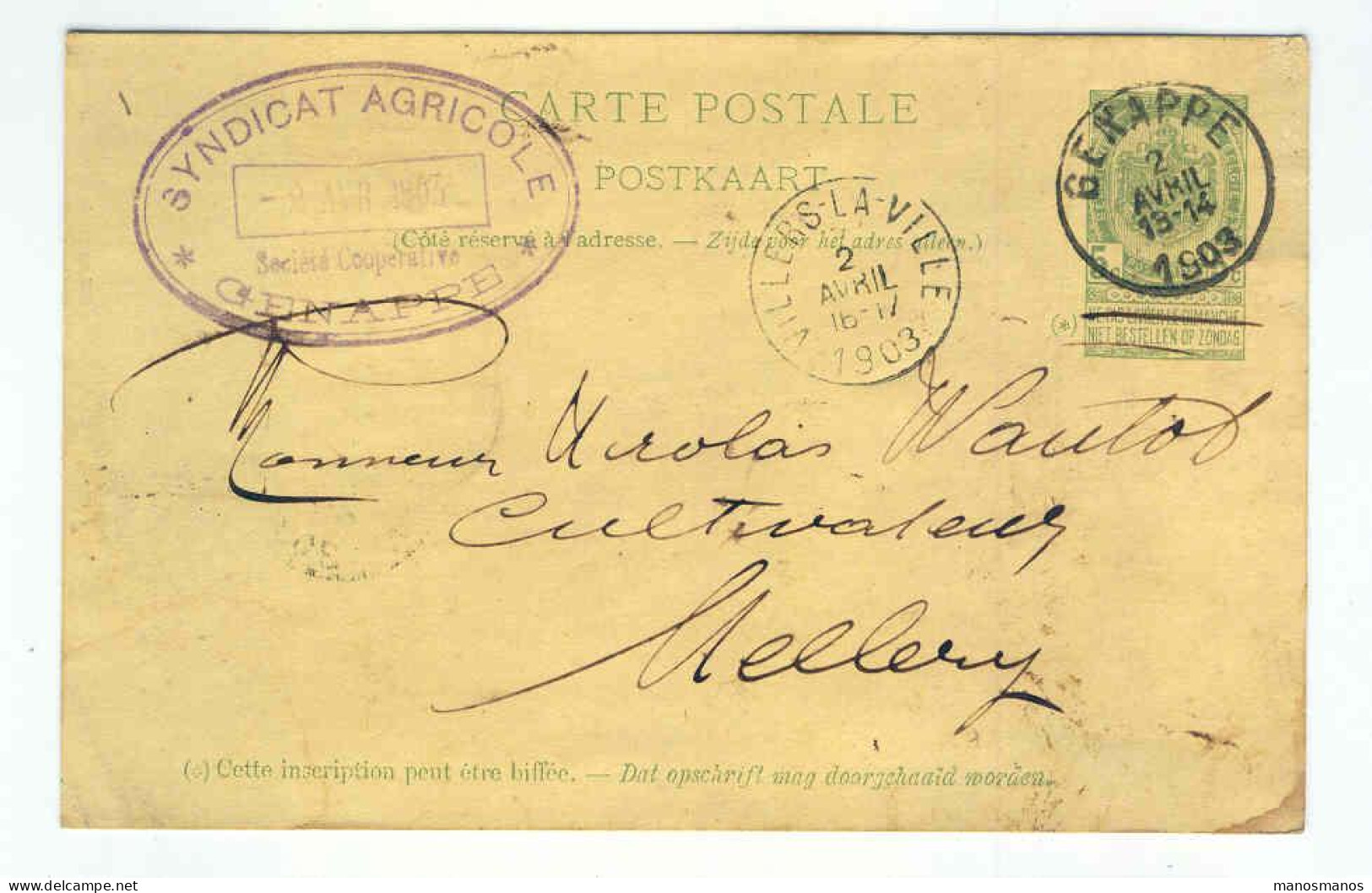 Entier Cachet Privé Syndicat Agricole GENAPPE 1903 à MELLERY(VILLERS LE VILLE)  --  1785 - Cartes Postales 1871-1909