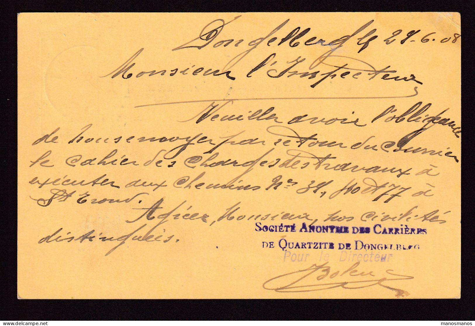 Entier Postal Armoirie INCOURT 1908  - Origine Et Cachet Privé CARRIERES De DONGELBERG  --  1534 - Cartes Postales 1871-1909
