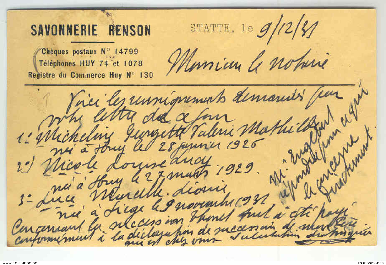 Entier Postal Lion Héraldique HUY 1 1931  - Repiquage SAVONNERIE RENSON à STATTE --  1552 - Postcards 1909-1934